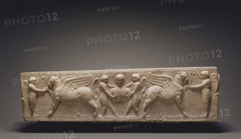 Roman Sarcophagus of a Boy with Erotes Feeding Griffins; Rome, Lazio, Italy; 110 - 130; Marble; 45 x 116 cm