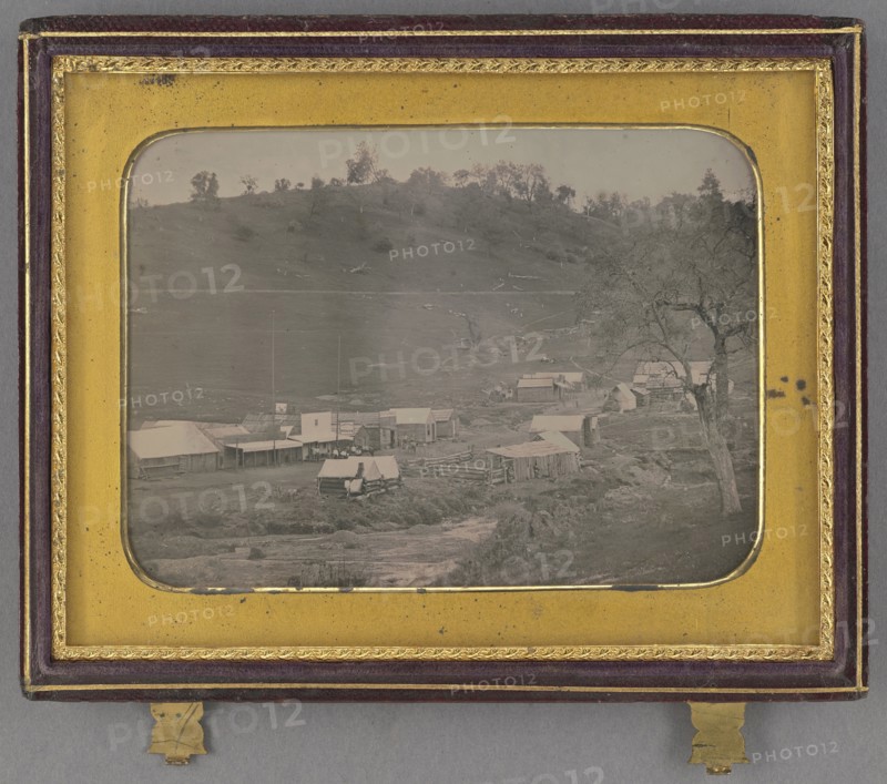 View of California mining town with Rancherie House,  Hotel, and Sweata & Francis Bldg; Robert H. Vance, American, 1825 - 1876