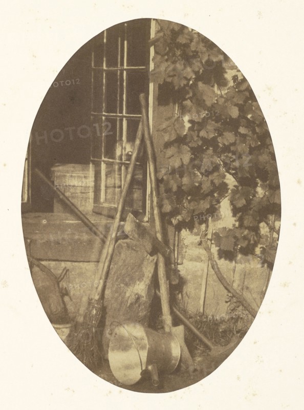 Still life with garden equipment; Comte Olympe Aguado, French, 1827 - 1894, 1855; Salted paper print; 16.5 x 11.4 cm