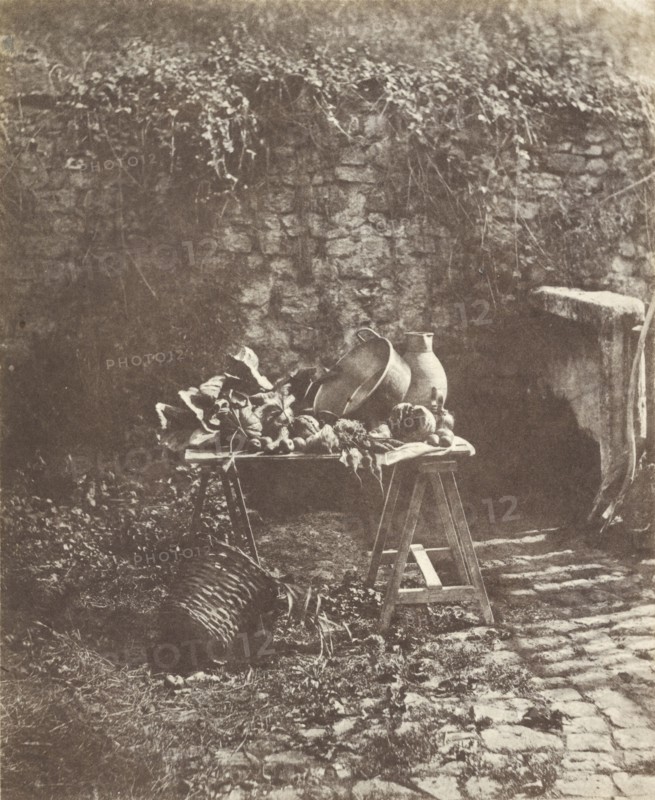 Nature morte: Chaudron, cruche et légumes sur une table à tréteaux; Henri-Victor Regnault, French, 1810 - 1878, Louis Désiré