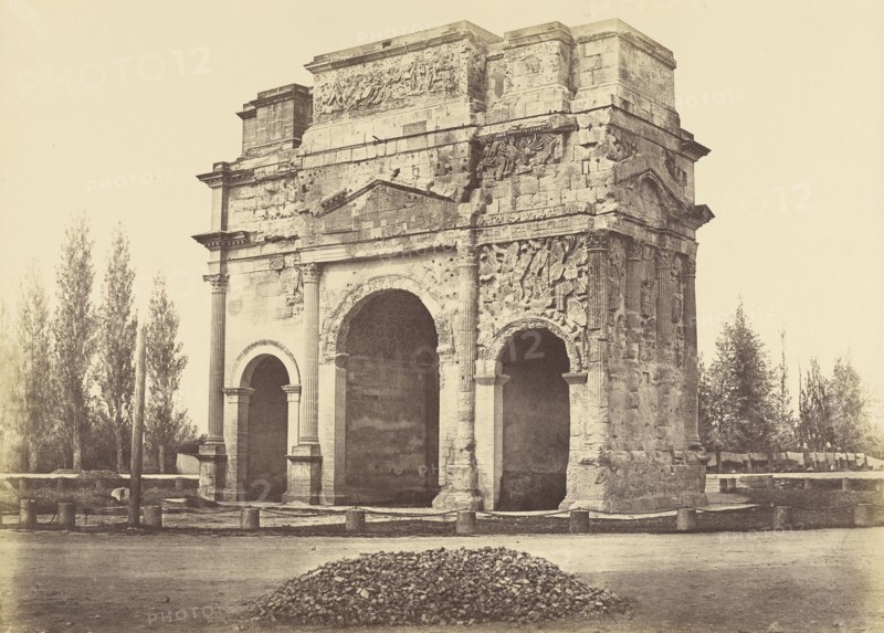 Roman Arch, Orange; Édouard Baldus, French, born Germany, 1813 - 1889, Orange, France; 1853; Salted paper print; 32.4 x 44.2 cm