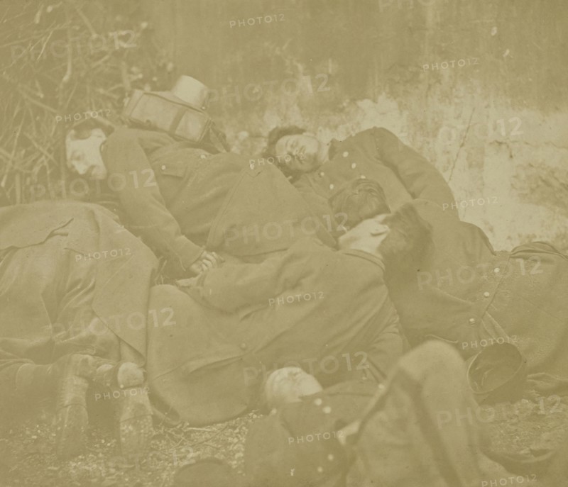 Soldiers lying on ground; French; about 1870; Albumen silver print