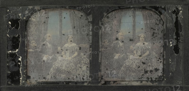 Portrait of an Elderly Couple; Antoine Claudet, French, 1797 - 1867, 1852 - 1860; Stereograph, daguerreotype, hand-colored