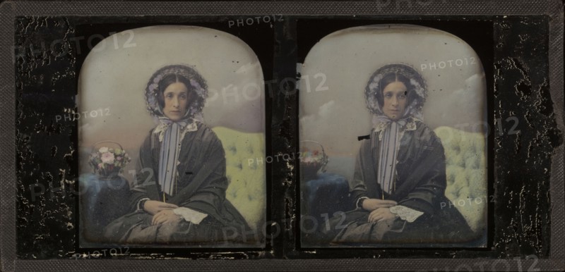 Portrait of a young woman; Antoine Claudet, French, 1797 - 1867, 1852 - 1858; Stereograph, daguerreotype, hand-colored