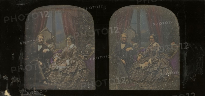 Portrait of a couple; Antoine Claudet, French, 1797 - 1867, about 1855; Stereograph, daguerreotype, hand-colored