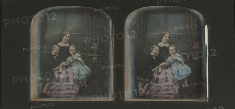 Mother posed with her young son and daughter; Antoine Claudet, French, 1797 - 1867, about 1855; Stereograph, daguerreotype