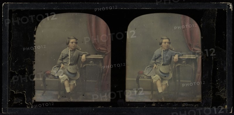 Portrait of a young boy; Antoine Claudet, French, 1797 - 1867, about 1855; Stereograph, daguerreotype, hand-colored