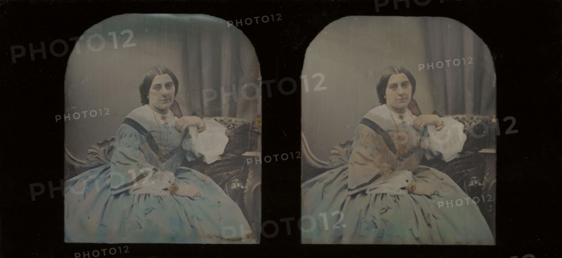 Portrait of a middle-aged woman; Antoine Claudet, French, 1797 - 1867, about 1855; Stereograph, daguerreotype, hand-colored