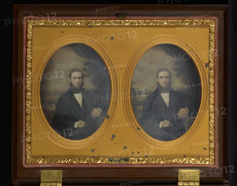 Portrait of a Seated Man with Muttonchop Whiskers; Samuel Broadbent, American, 1810 - 1880, about 1854; Stereograph