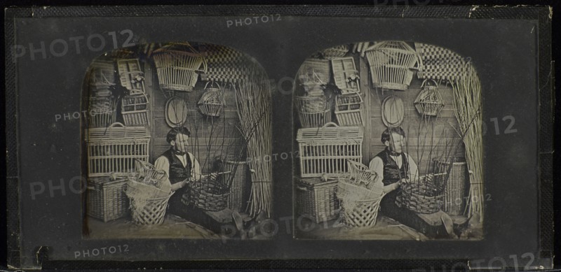 Man weaving basket; Joseph Amadio, British, active London, England about 1855, 1855 - 1858; Stereograph, Daguerreotype