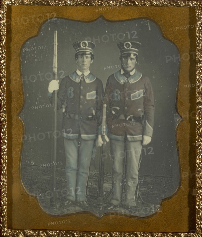Portrait of Two Young Men in Uniform; American; about 1852; Daguerreotype, hand-colored; 7 x 5.6 cm 2 3,4 x 2 3,16 in