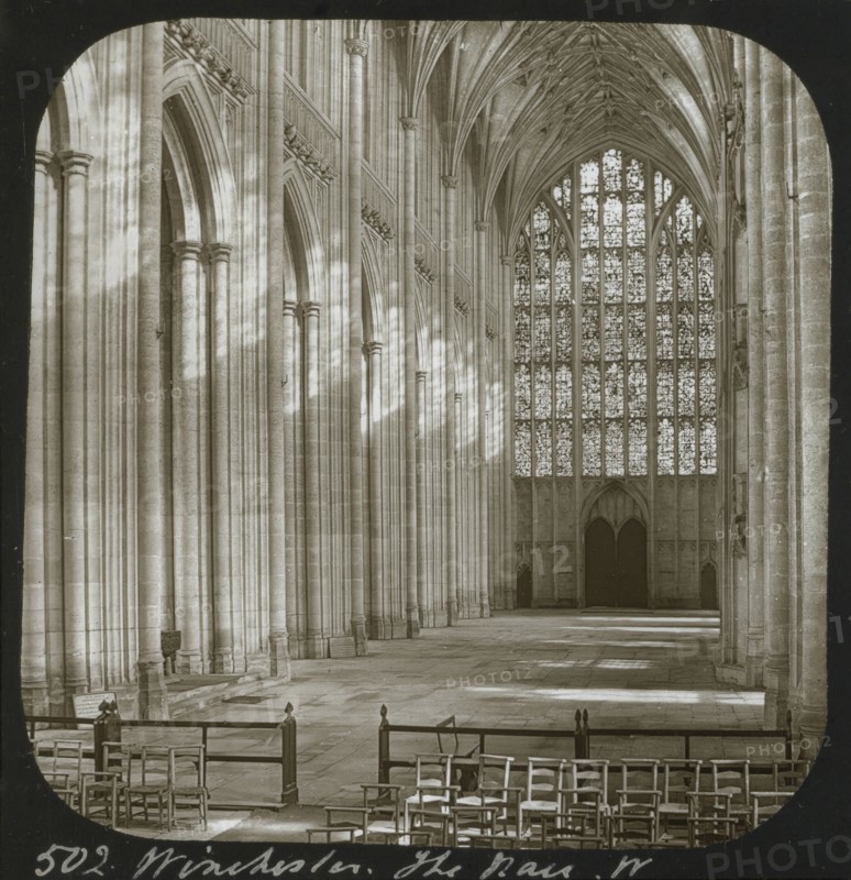 Wincester. The Nave, West; Frederick H. Evans, British, 1853 - 1943, about 1883; Lantern slide; 7.3 × 6.8 cm