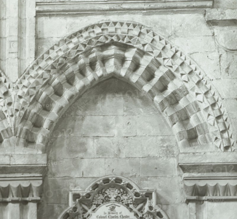 Wincester. 8th Transept: Detail Norman Arches; Frederick H. Evans, British, 1853 - 1943, 1900; Lantern slide; 5.7 x 6 cm