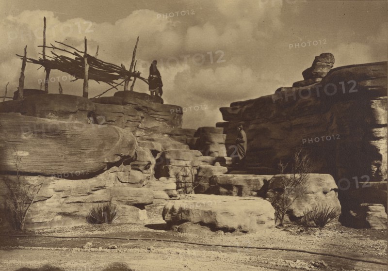 Figure on Rocks with Shelter; Frederick I. Monsen, American, 1865 - 1929, 1887 - 1906; Toned gelatin silver print