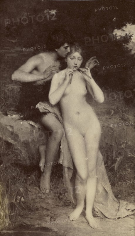 Painting of nude female playing pipes; about 1870 - 1890; Albumen silver print