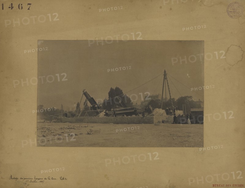 Setting up of the first legs of the tower, pier 2; Albert Broise, French, active late 19th century, 1887; Albumen silver print