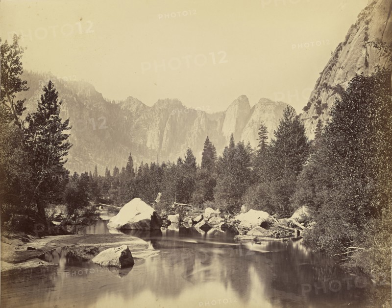 View of the Merced - Cathedral Rocks in Distance; Carleton Watkins, American, 1829 - 1916, 1865 - 1866; Albumen silver print
