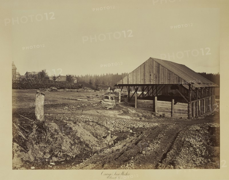 Oswego Ironworks, Willamette River; Carleton Watkins, American, 1829 - 1916, Oregon, United States; 1867; Albumen silver print