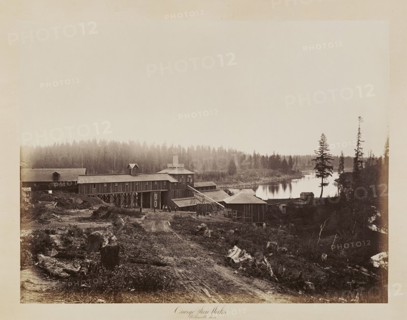 Oswego Ironworks, Willamette River; Carleton Watkins, American, 1829 - 1916, Oregon, United States; 1867; Albumen silver print