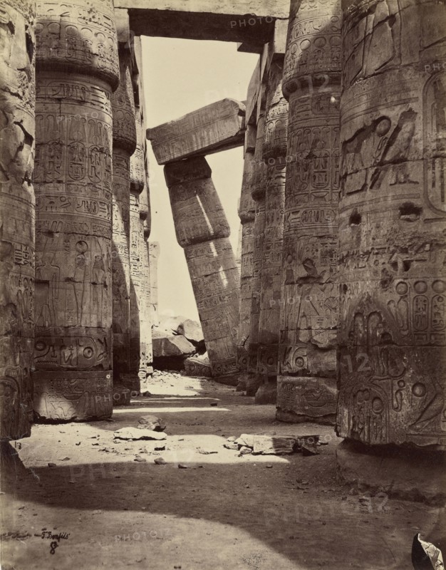 Leaning column, inside the hypostyle hall; Félix Bonfils, French, 1831 - 1885, Thebes, Egypt; 1872; Albumen silver print