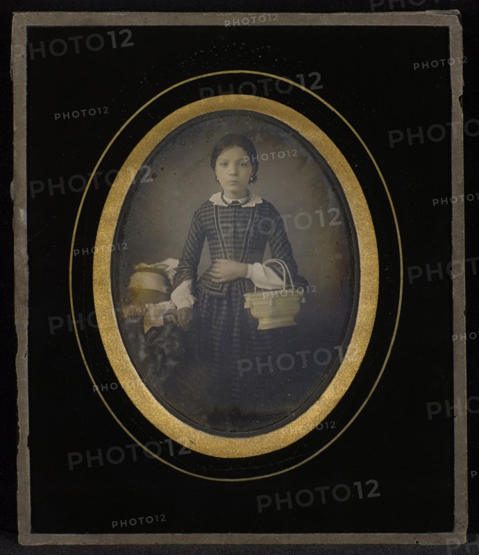 Girl Holding a Basket; Atelier Héliographique, French, active 1850s, about 1849; Hand-colored Daguerreotype