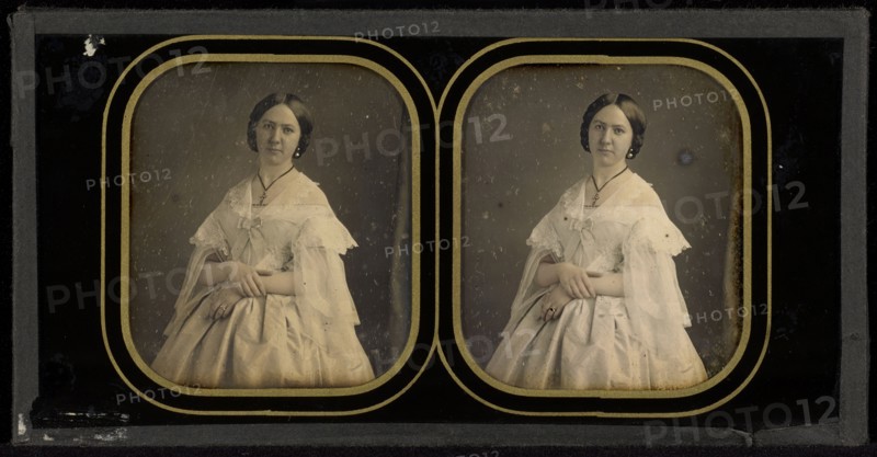 Portrait of a woman in a white dress; Mayer & Pierson, French, active 1855 - 1878, about 1855; Stereograph, daguerreotype, hand