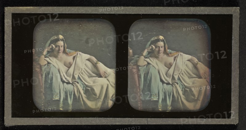 Female Nude in Harem Costume Reclining; Attributed to Bruno Braquehais, French, 1823 - 1875, 1856 - 1858; Stereograph