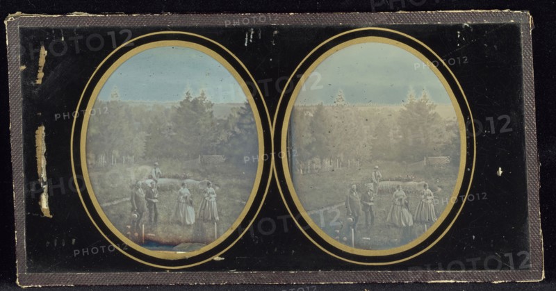 Portrait of a family in a garden; Attributed to Louis Jules Duboscq-Soleil; 1851 - 1860; Stereograph, Daguerreotype