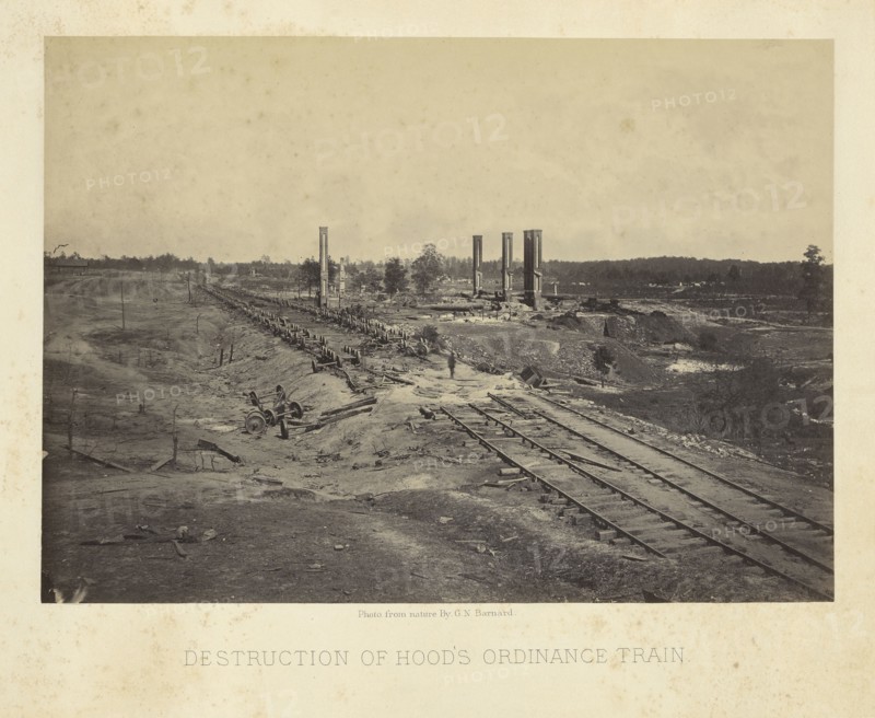 Destruction of Hood's Ordinance Train; George N. Barnard, American, 1819 - 1902, Atlanta, Georgia, United States; 1864; Albumen