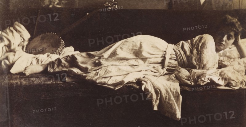 Blanche Gilroy in Classical Costume, Reclining with Banjo; Thomas Eakins, American, 1844 - 1916, about 1885; Albumen silver