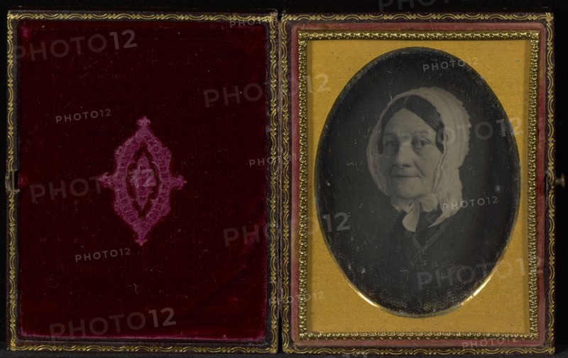 Portrait of an elderly woman in lace bonnet; Brady Gallery, about 1859 - 1862, about 1853; Daguerreotype