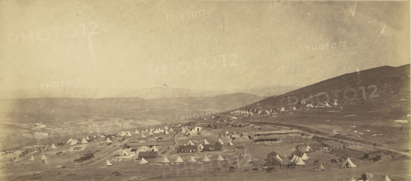 Camp of the 4th Light Dragoon, Officers Quarters; Roger Fenton, English, 1819 - 1869, 1855; Salted paper print; 15.9 x 35.7 cm
