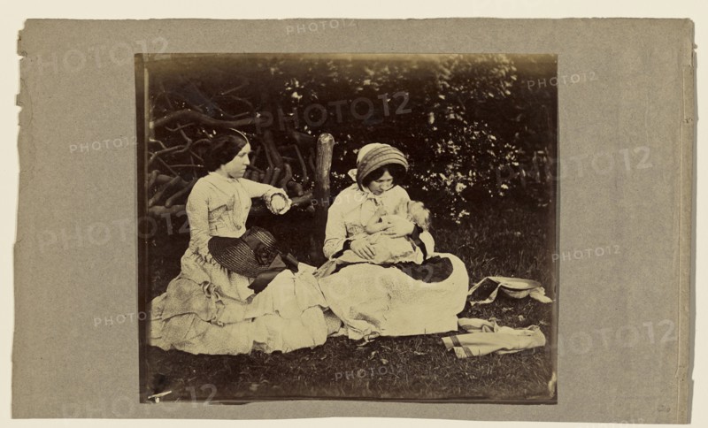 Child asleep with two woman seated on grass; Roger Fenton, English, 1819 - 1869, about 1860; Albumen silver print