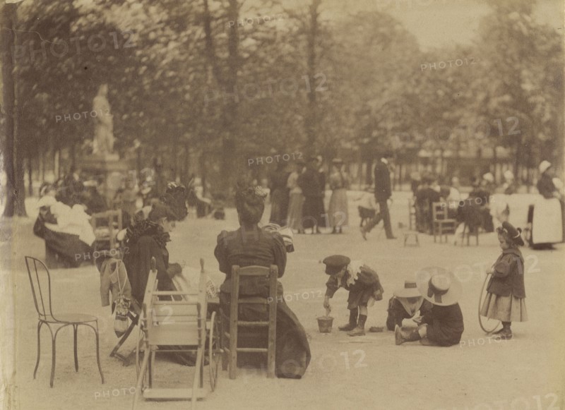 Women and Children in the Luxembourg Gardens; Eugène Atget, French, 1857 - 1927, Paris, France; 1898; Albumen silver print