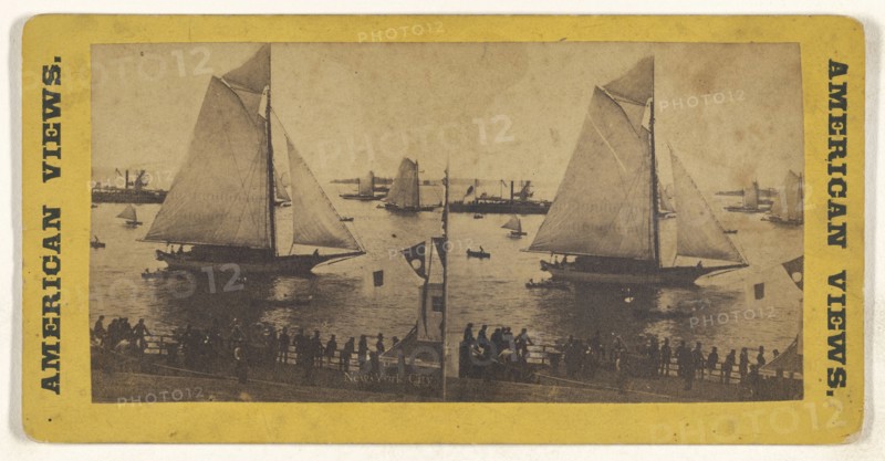 New York City Sailing ship in harbor, people on dock; American; about 1865 - 1875; Albumen silver print