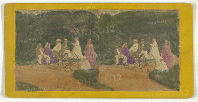Group of men and women on carriage, possibly in Central Park, New York City; American; about 1863 - 1866; Hand-colored Albumen