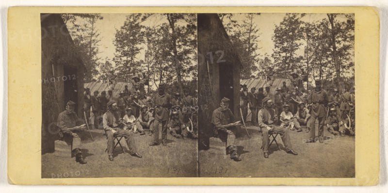 Group of Civil War soldiers at camp site; American; about 1862 - 1864; Albumen silver print