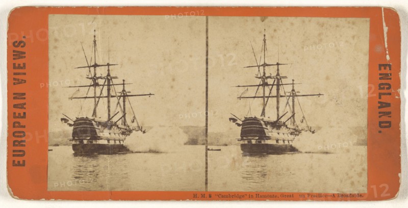 H.M.S.  Cambridge  in Hamoaze, Great Gun Practice - A Broadside. European View. England; 1860s; Albumen silver print