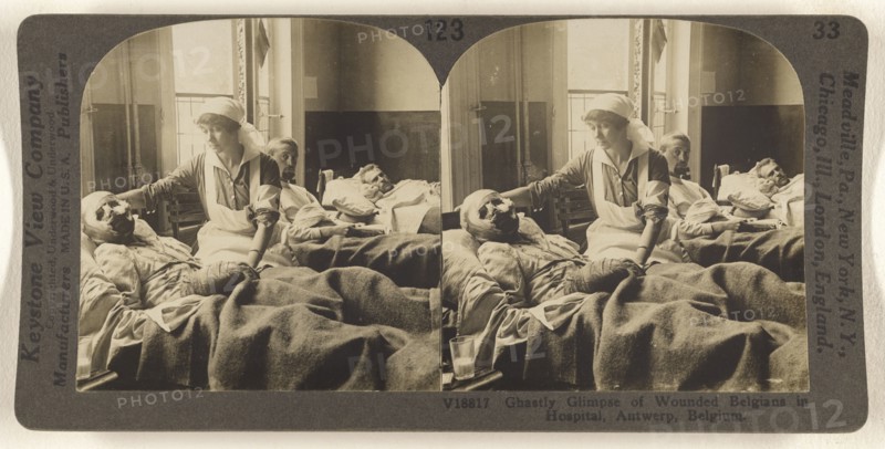 Ghastly Glimpse of Wounded Belgians in Hospital, Antwerp, Belgium, 1881 - 1940s, about 1914