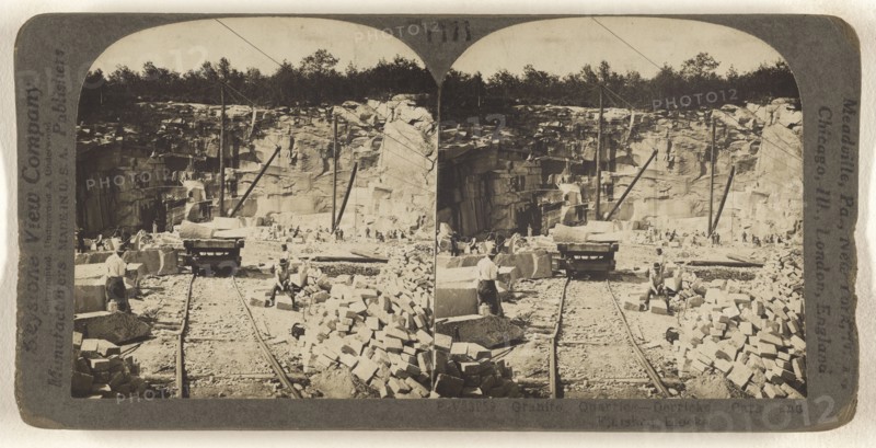 Granite Quarries - Derricks, Cars and Finished Blocks; Underwood & Underwood, American, 1881 - 1940s, about 1920; Gelatin
