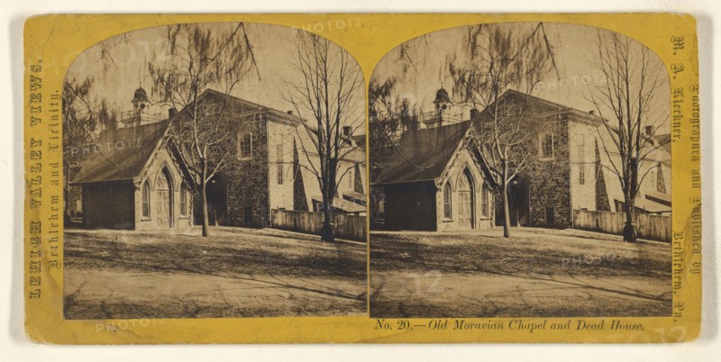 Old Moravian Chapel and Dead House. Bethlehem, Pa; M.A. Kleckner, American, active Pennsylvania 1870s, about 1867; Albumen