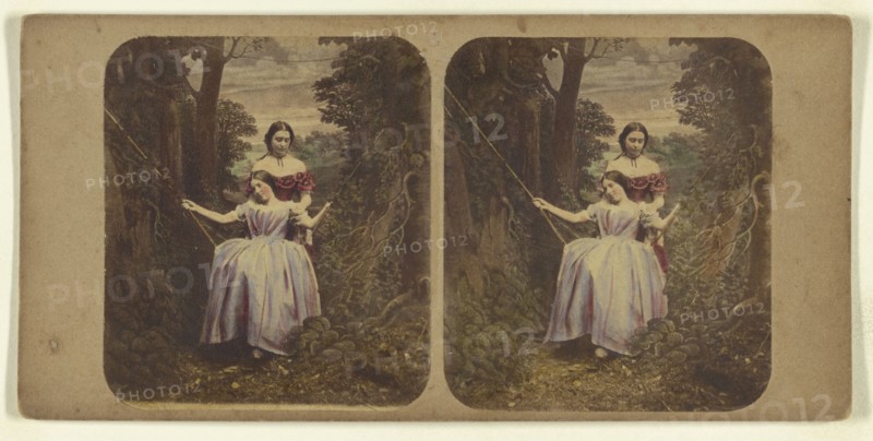 Woman pushing another woman in a swing; Attributed to London Stereoscopic Company, active 1854 - 1890, about 1865; Hand colored