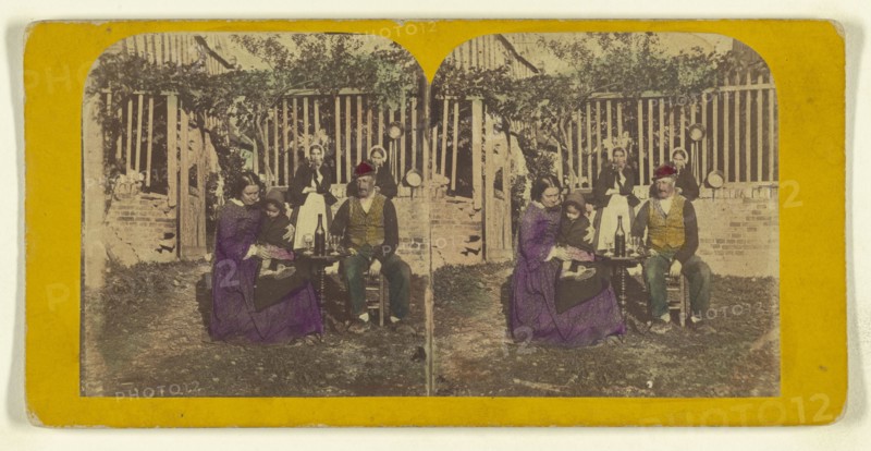 Genre scene: family seated outside aorund a table with glasses and a bottle of wine; London Stereoscopic Company, active 1854