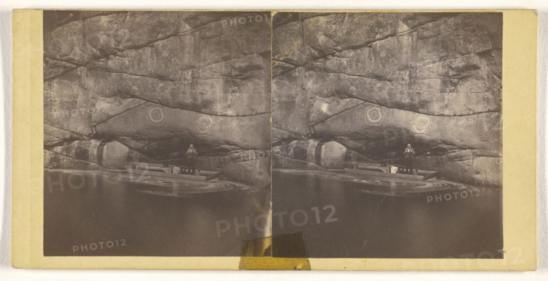 Man standing in raft on lake with cliffs behind with graffiti; Attributed to John P. Soule, American, 1827 - 1904, about 1870
