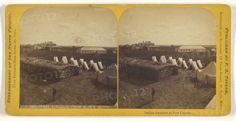 Fort Lincoln, From Block House,Indian Quarters at Fort Lincoln; F.A. Taylor, American, active 1870s - 1900s, 1870s; Albumen