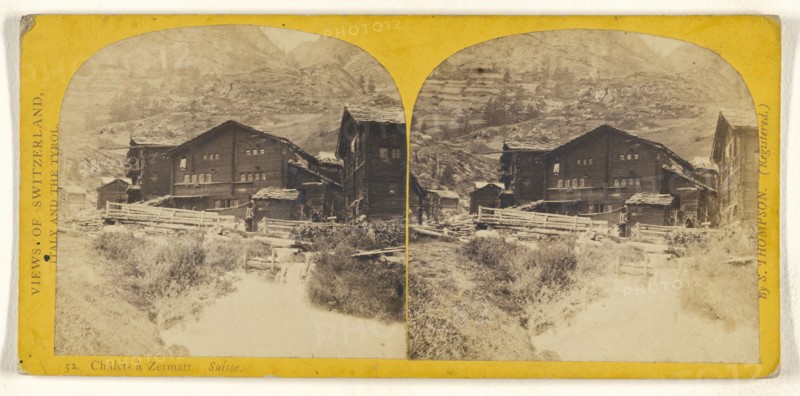 Chalets a Zermatt. Suisse, Switzerland; Stephen Thompson, British, about 1830 - 1893, 1860s; Albumen silver print