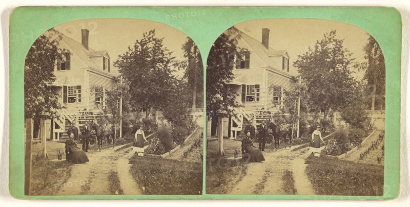 Family and horse at front yard and garden of house, Lowell, Massachusetts; Simon Towle, American, active Lowell, Massachusetts
