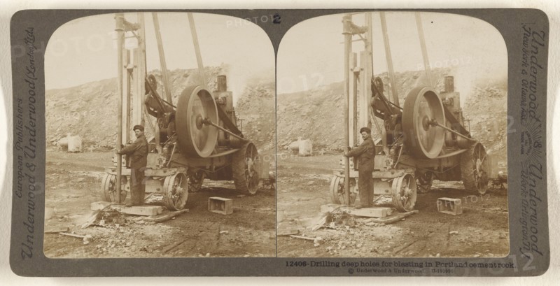 Driling deep holes for blasting in Portland cement rock; Underwood & Underwood, American, 1881 - 1940s, about 1902; Gelatin