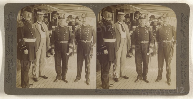 Brig. Gen Grant, Rear Admirals Sigsbee and Coghlan and Commander Winslow, on the Mayflower, Aug. 5, 1905; Underwood & Underwood