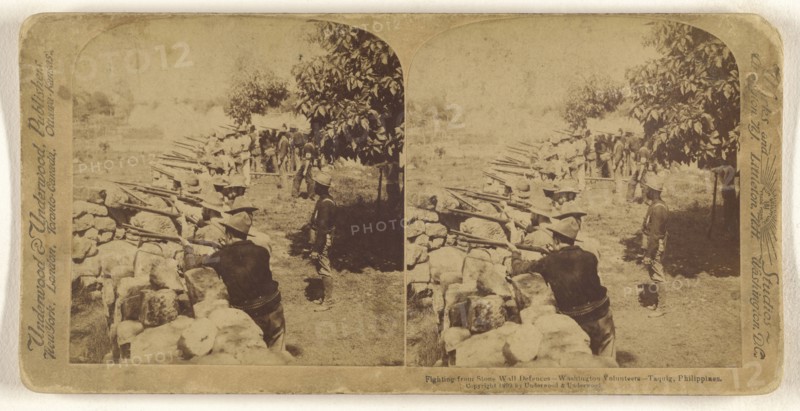 Fighting from Stone Wall Defences - Washington Volunteers - Taquig, Philippines; Underwood & Underwood, American, 1881 - 1940s